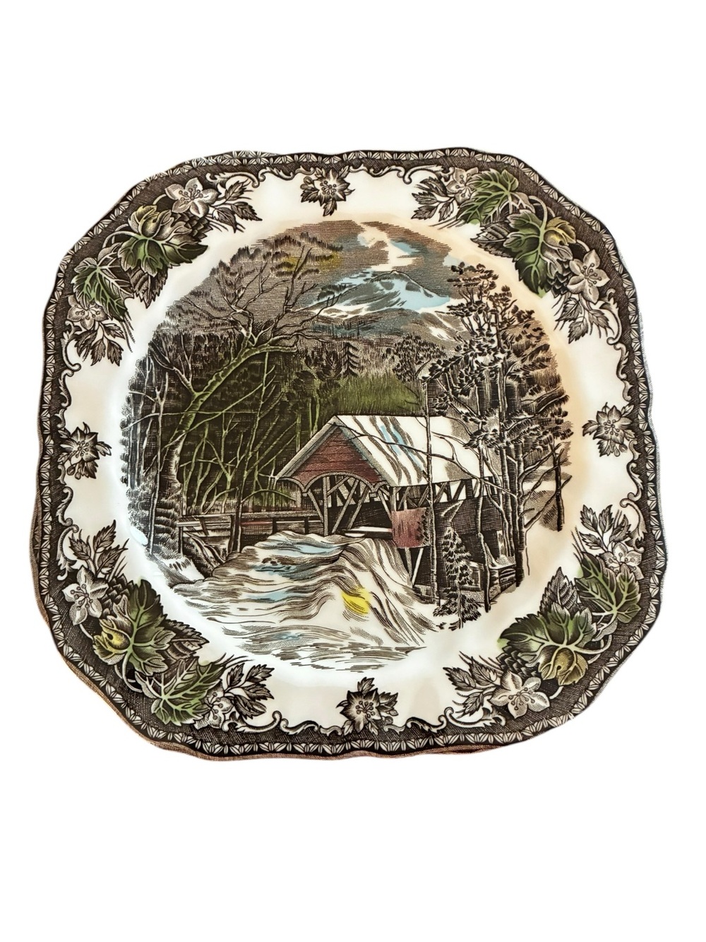 Johnson Brothers Scenic Covered Bridge Dinner Plate in White, Brown & Green